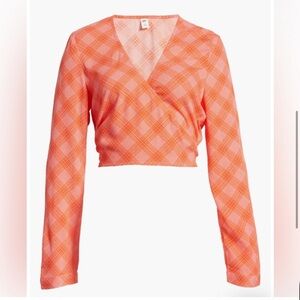 BP. Nordstrom Surplice V-Neck Plaid Long Sleeve Crop Top- Size S